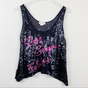 “SEXY GORGEOUS FABULOUS” Black Sequin Crop Top M